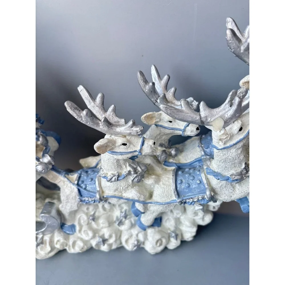 Santa Claus Sleigh and Reindeer Figurine Blue White Silver Christmas Centerpiece